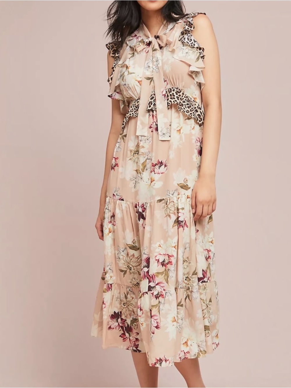 Kachel Anthropologie Sedona Silk Mixed Print Tiered Maxi Dress SZ 8 Leopard